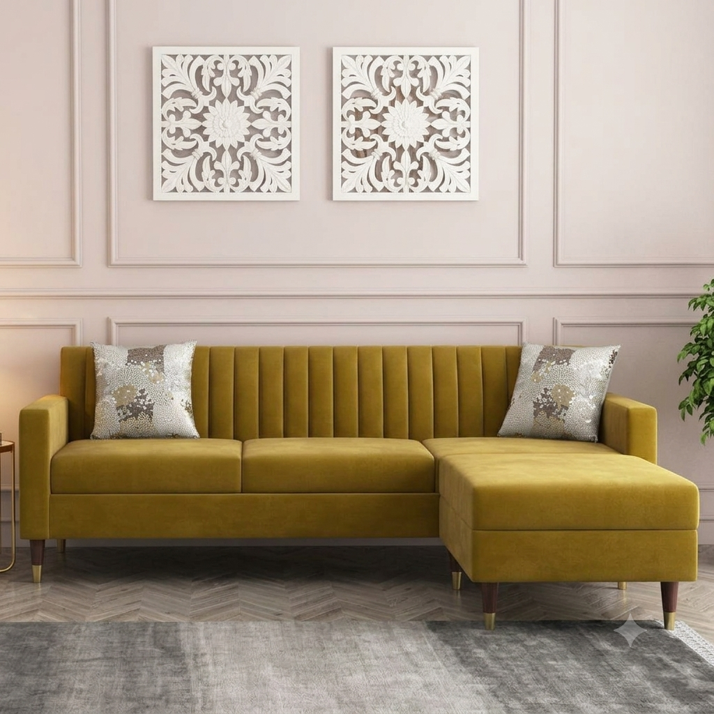 Yellow Velvet L-Shape Sectional Sofa