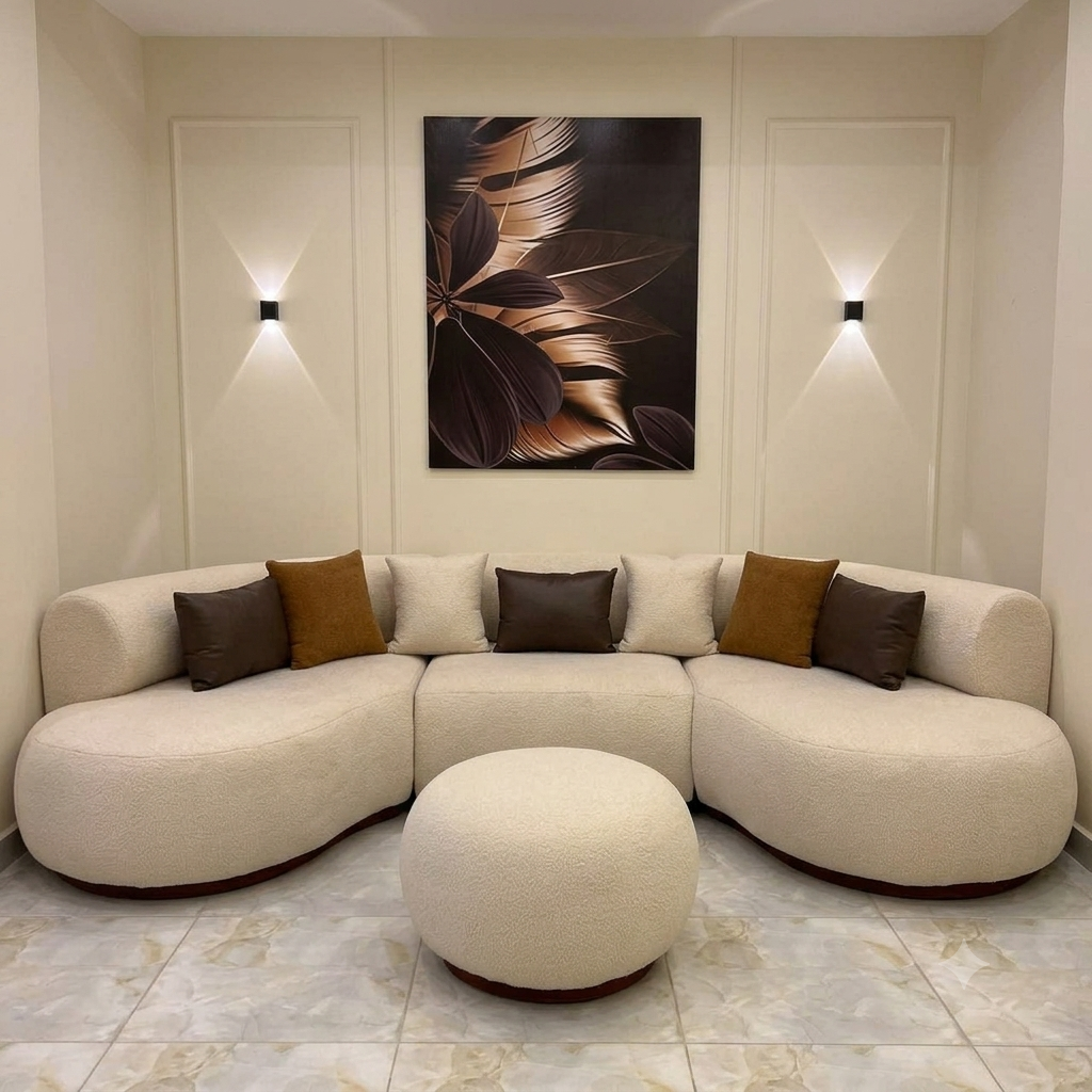 U-Shaped Cream Sectional with Ottoman