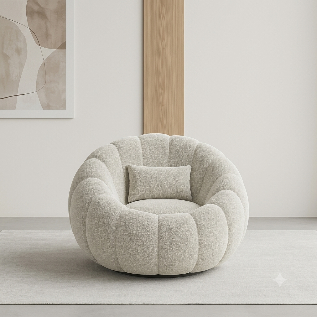 Cozy White Boucle Round Armchair