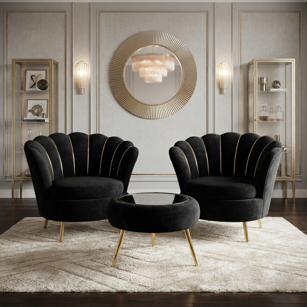 Black Velvet Shell Armchairs with Stool