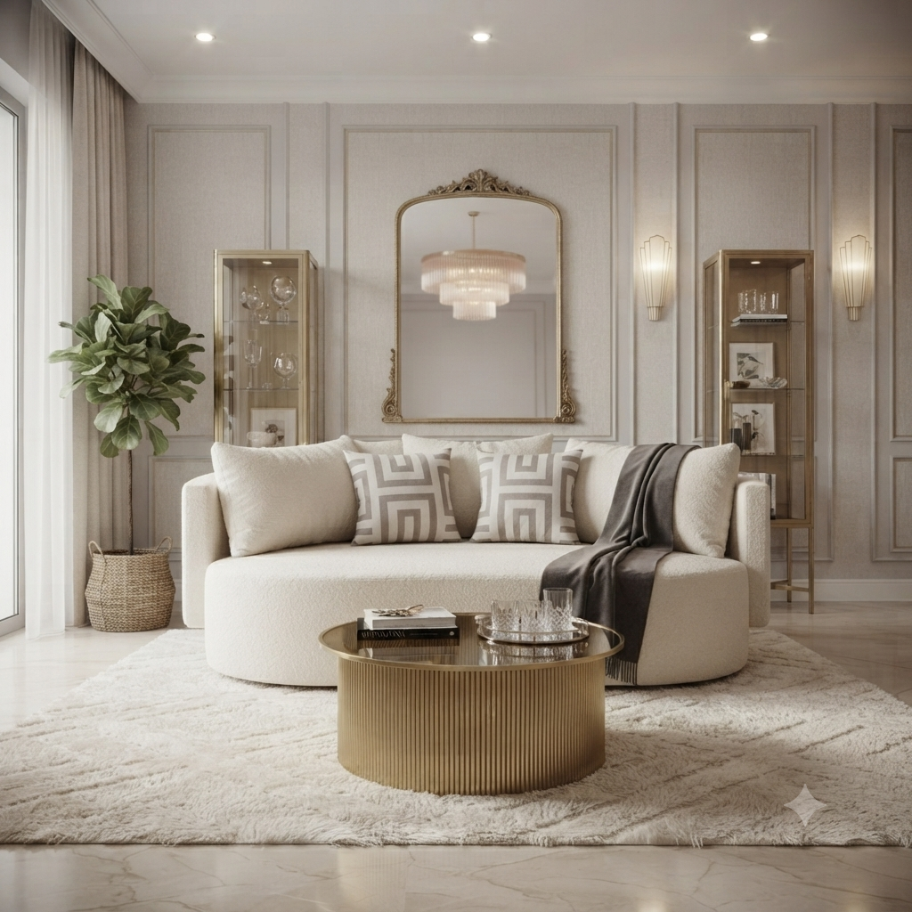 Cream Curved Sofa Set with Gold Table